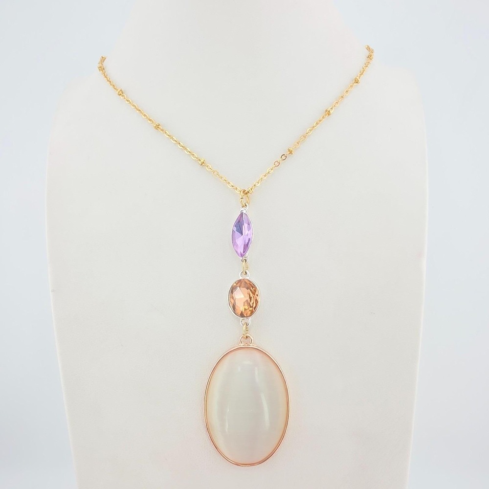 Moonstone Y Drop Necklace Purple Peach Crystal Station Rose Gold Silver Tone 32"